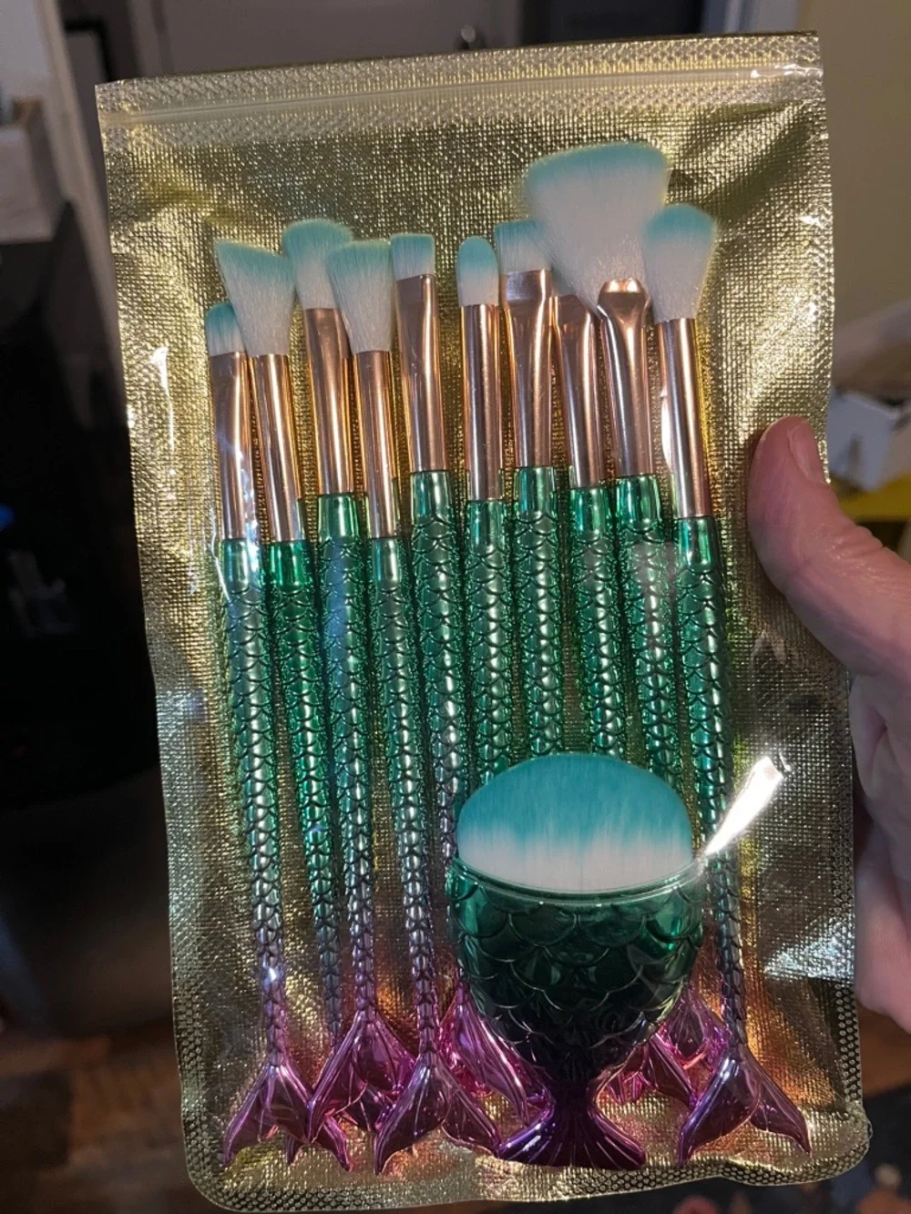 Mermaid Tail Makeup Brush Set in Teal and Rose Gold